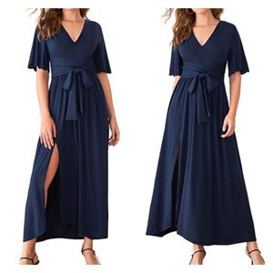Navy Thigh Split Tie Waist Maxi Dress XS